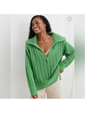 Aerie Cable Car Quarter Zip Green Oversized Sweater size XXS